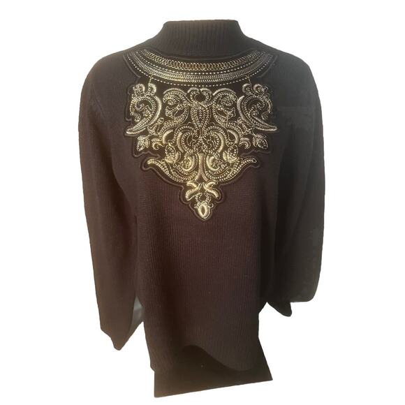 Vintage Worthington Embroidered Pullover Sweater Black Cream Pink Beaded Large - Picture 2 of 6